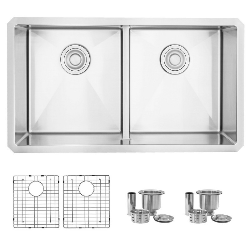 STYLISH S-321XG 32 INCH STAINLESS STEEL DOUBLE BASIN LOW DIVIDER UNDERMOUNT KITCHEN SINK WITH GRIDS AND STRAINERS