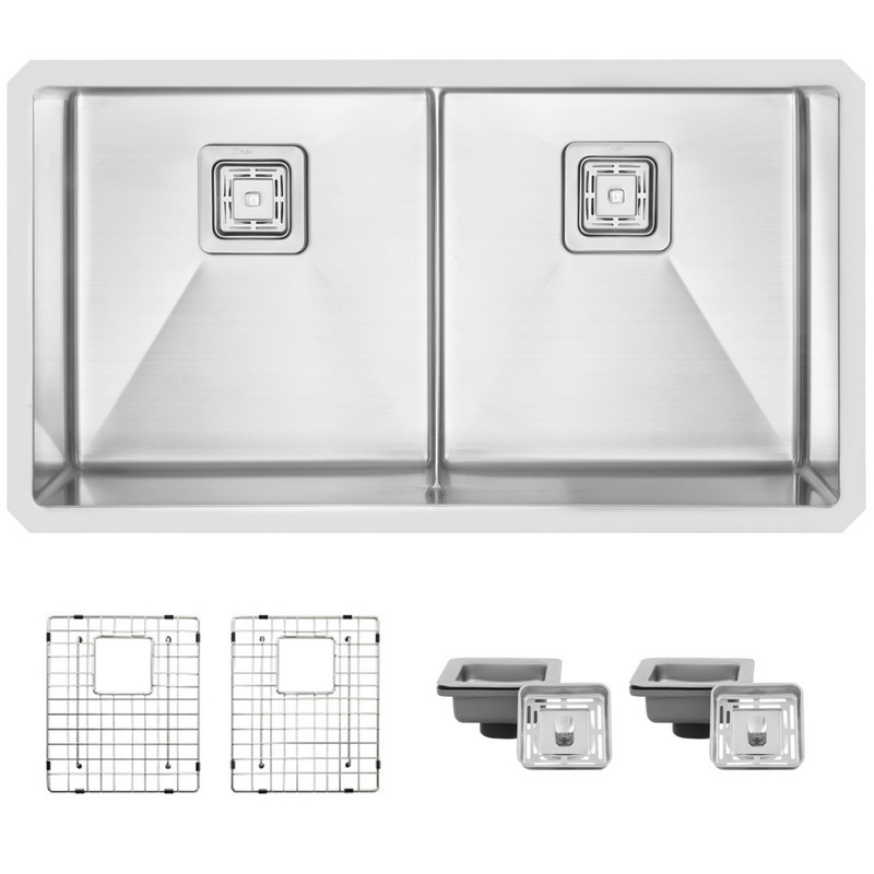 STYLISH S-501XG 33 INCH DOUBLE BASIN UNDERMOUNT STAINLESS STEEL KITCHEN SINK WITH GRIDS AND STRAINERS