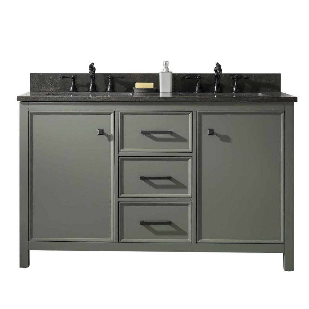 LEGION FURNITURE WLF2154-PG 54 INCH PEWTER GREEN FINISH DOUBLE SINK VANITY CABINET WITH BLUE LIME STONE TOP