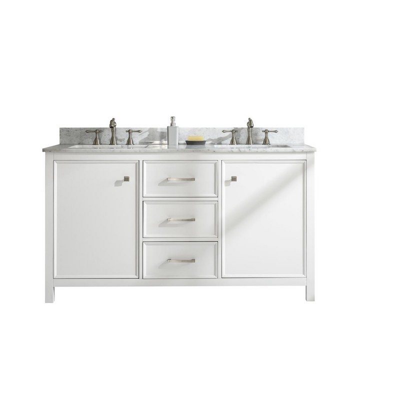 LEGION FURNITURE WLF2160D-W 60 INCH WHITE FINISH DOUBLE SINK VANITY CABINET WITH CARRARA WHITE TOP