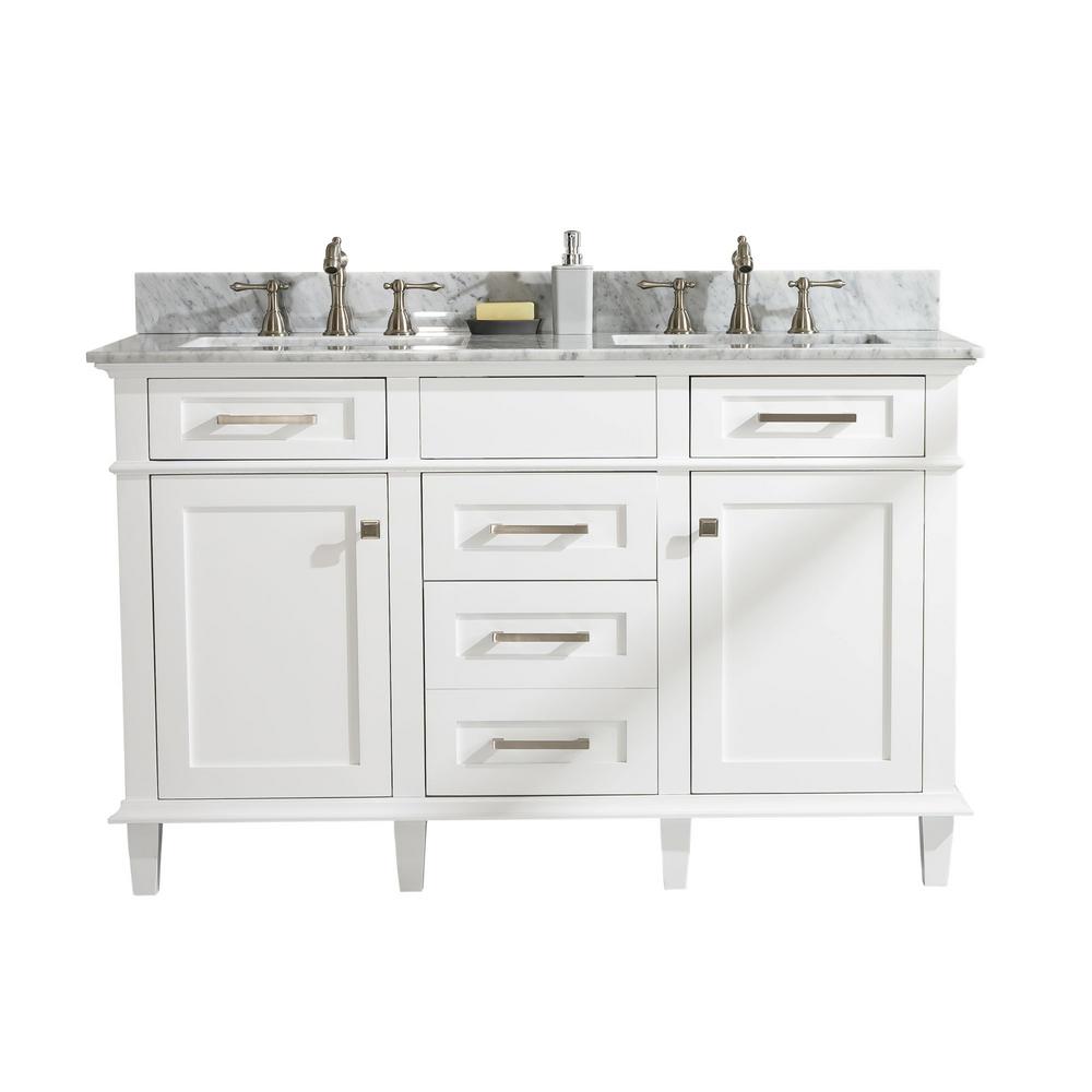 LEGION FURNITURE WLF2254-W 54 INCH WHITE FINISH DOUBLE SINK VANITY CABINET WITH CARRARA WHITE TOP