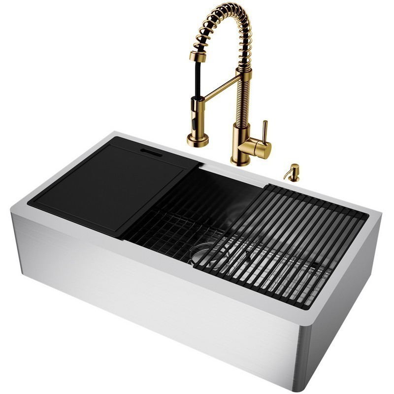 VIGO VG15946 36 INCH KITCHEN WORKSTATION OXFORD STAINLESS STEEL SINGLE BOWL STANDARD FLAT APRON FRONT/FARMHOUSE UNDERMOUNT KITCHEN SINK SET WITH SINGLE-HOLE PULL-DOWN SPRAYER EDISON KITCHEN FAUCET IN MATTE BRUSHED GOLD, SOAP DISPENSER AND GRID