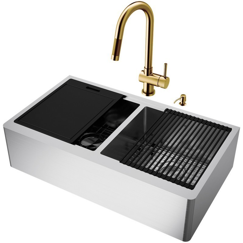 VIGO VG15959 36 INCH KITCHEN WORKSTATION OXFORD STAINLESS STEEL DOUBLE-BOWL STANDARD FLAT APRON FRONT/FARMHOUSE UNDERMOUNT KITCHEN SINK SET WITH SINGLE-HOLE PULL-DOWN SPRAYER GRAMERCY KITCHEN FAUCET IN MATTE BRUSHED GOLD, SOAP DISPENSER AND GRIDS
