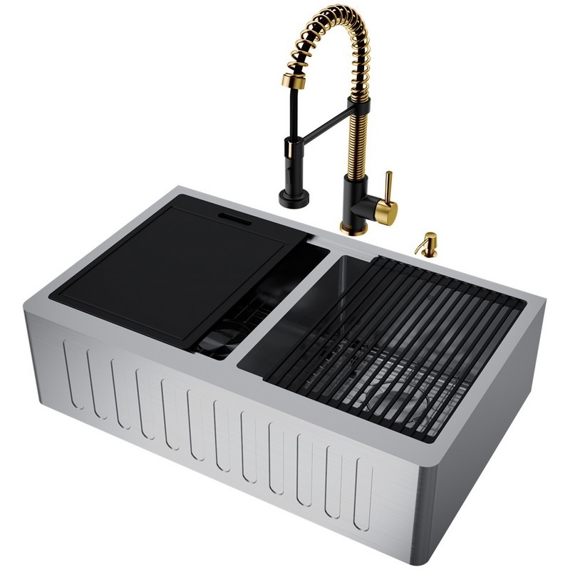 VIGO VG15994 33 INCH DOUBLE BOWL OXFORD APRON FRONT STAINLESS STEEL FARMHOUSE KITCHEN SINK WITH EDISON FAUCET IN MATTE BRUSHED GOLD AND MATTE BLACK