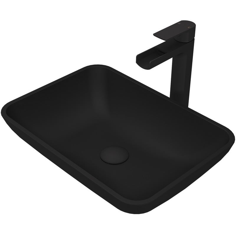 VIGO VGT1428 19 INCH SOTTILE MATTESHELL VESSEL BATHROOM SINK AND AMADA VESSEL FAUCET SET IN MATTE BLACK WITH POP-UP DRAIN