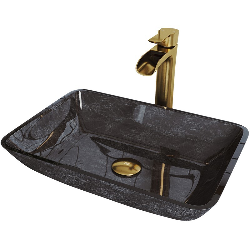 VIGO VGT1466 18 INCH RECTANGULAR GRAY ONYX BATHROOM VESSEL SINK AND NIKO VESSEL FAUCET IN MATTE BRUSHED GOLD WITH POP-UP DRAIN