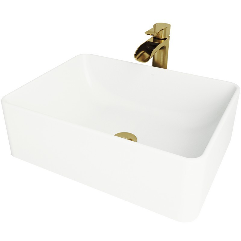VIGO VGT1468 20 INCH AMARYLLIS MATTE STONE BATHROOM VESSEL SINK AND NIKO VESSEL FAUCET IN MATTE BRUSHED GOLD WITH POP-UP DRAIN