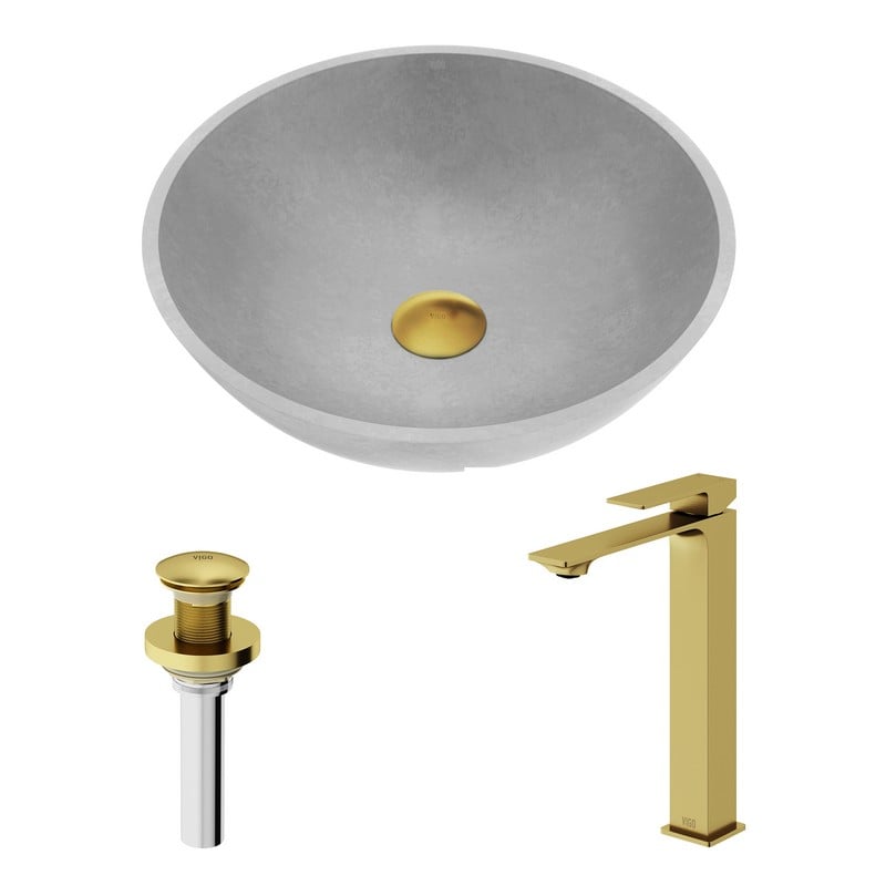 VIGO VGT2087 CONCRETO STONE 16 INCH ROUND VESSEL BATHROOM SINK AND DUNN VESSEL FAUCET