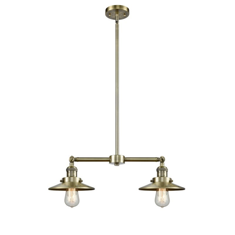 INNOVATIONS LIGHTING 209-AB-M4AB FRANKLIN RESTORATION RAILROAD 21 INCH TWO LIGHT METAL SHADE ISLAND LIGHT - ANTIQUE BRASS