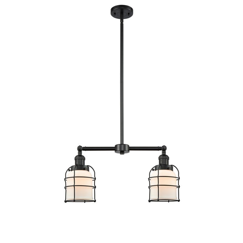 INNOVATIONS LIGHTING 209-BK-G51-CE FRANKLIN RESTORATION SMALL BELL CAGE 21 INCH TWO LIGHT MATTE WHITE CASED GLASS ISLAND LIGHT - MATTE BLACK