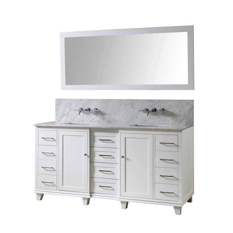 DIRECT VANITY SINKS 72BD15P-WWC-WM-M ULTIMATE CLASSIC PREMIUM 72 INCH VANITY IN WHITE WITH CARRARA WHITE MARBLE VANITY TOP WITH WHITE BASINS AND MIRROR