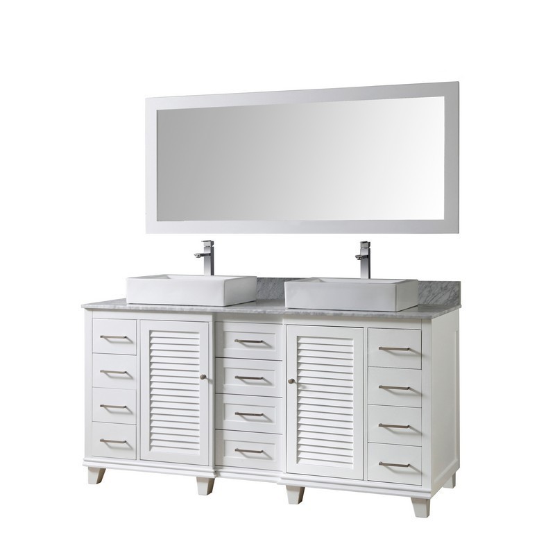 DIRECT VANITY SINKS 72BD16-WAWC-M ULTIMATE SHUTTER 72 INCH VANITY IN WHITE WITH CARRARA WHITE MARBLE VANITY TOP WITH VESSEL SINKS AND MIRROR