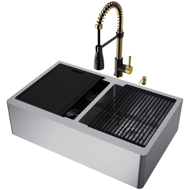 VIGO VG151003 33 INCH DOUBLE BOWL OXFORD APRON FRONT STAINLESS STEEL FARMHOUSE KITCHEN SINK WITH BRANT FAUCET IN MATTE BRUSHED GOLD AND MATTE BLACK