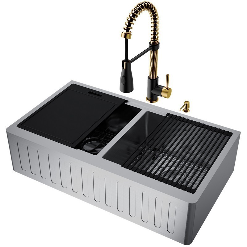 VIGO VG151004 36 INCH OXFORD SLOTTED APRON FRONT DOUBLE BOWL STAINLESS STEEL FARMHOUSE KITCHEN SINK WITH ACCESSORIES AND BRANT FAUCET IN MATTE BRUSHED GOLD AND MATTE BLACK