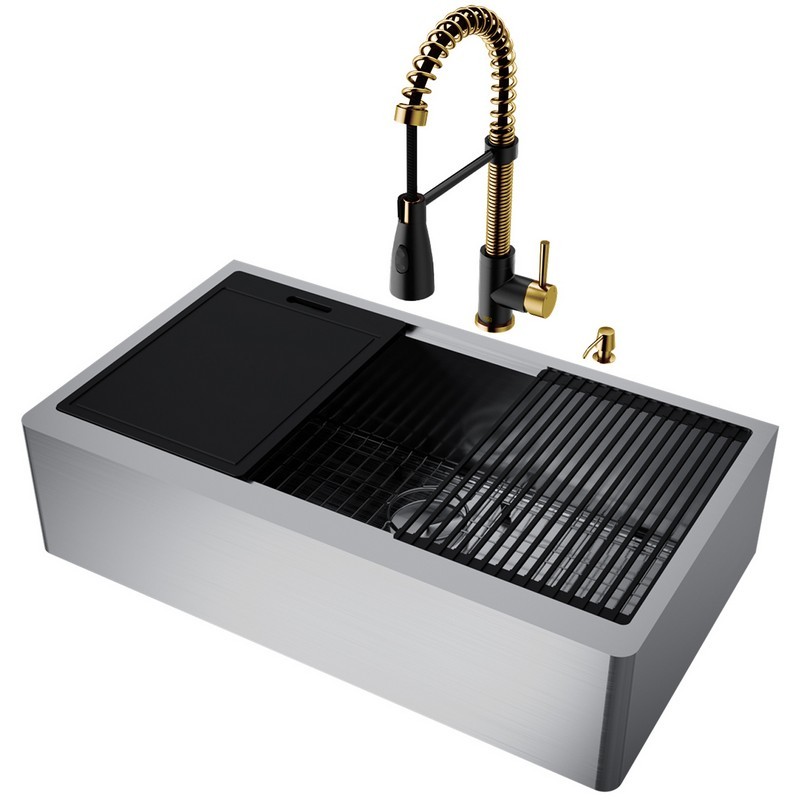 VIGO VG151005 36 INCH OXFORD APRON FRONT STAINLESS STEEL FARMHOUSE KITCHEN SINK WITH ACCESSORIES AND BRANT FAUCET IN MATTE BRUSHED GOLD AND MATTE BLACK