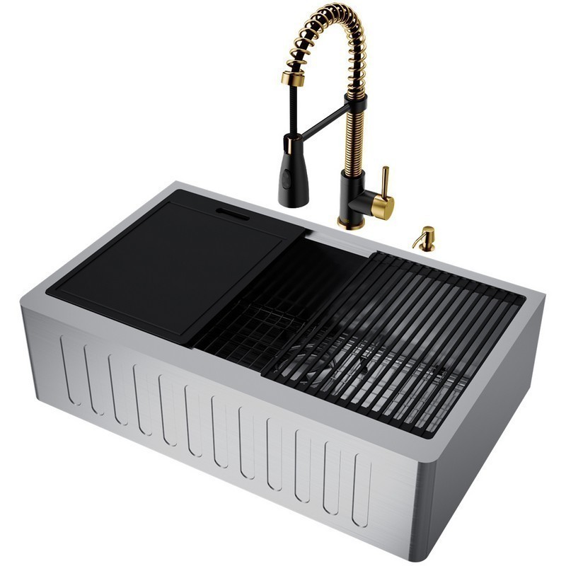 VIGO VG151007 33 INCH OXFORD SINGLE BOWL SLOTTED APRON FRONT STAINLESS STEEL FARMHOUSE KITCHEN SINK WITH ACCESSORIES AND BRANT FAUCET IN MATTE BRUSHED GOLD AND MATTE BLACK