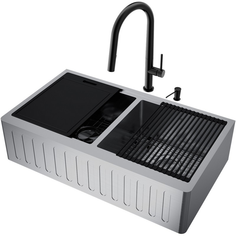 VIGO VG15898 36 INCH OXFORD STAINLESS STEEL SLOTTED APRON DOUBLE BOWL KITCHEN SINK WORKSTATION WITH BLACK GREENWICH FAUCET AND SOAP DISPENSER
