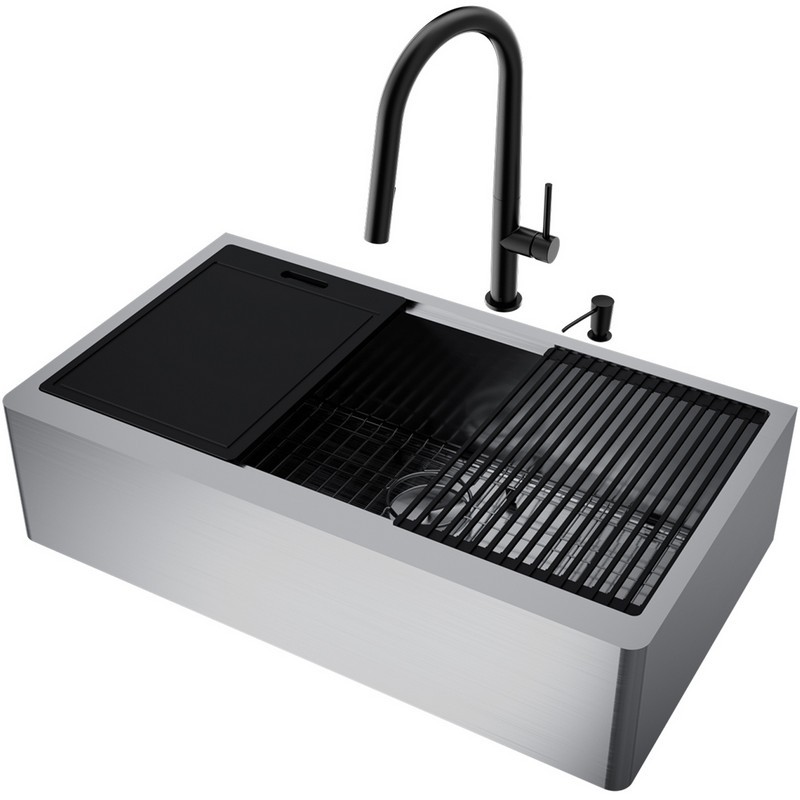 VIGO VG15916 36 INCH OXFORD STAINLESS STEEL FLAT APRON KITCHEN SINK WORKSTATION WITH MATTE BLACK GREENWICH FAUCET AND SOAP DISPENSER