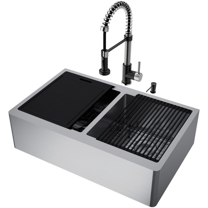 VIGO VG15922 33 INCH OXFORD STAINLESS STEEL FLAT APRON DOUBLE-BOWL KITCHEN SINK WORKSTATION WITH EDISON FAUCET AND SOAP DISPENSER