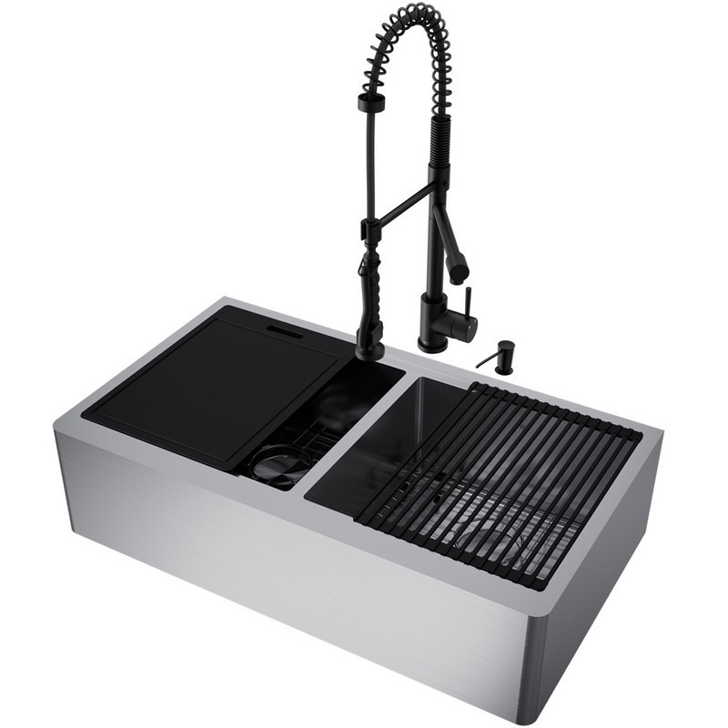 VIGO VG15929 36 INCH OXFORD STAINLESS STEEL FLAT APRON DOUBLE BOWL KITCHEN SINK WORKSTATION WITH BLACK ZURICH FAUCET AND SOAP DISPENSER