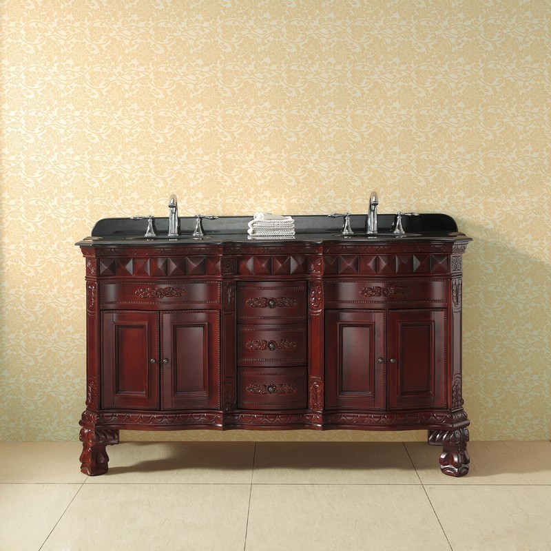 Cherry Double Sink Bathroom Vanity, Cherry Bathroom Vanity With Black Granite Top