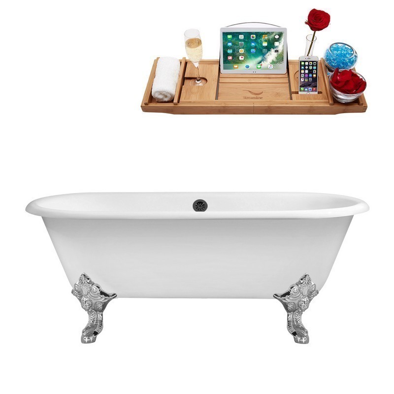 STREAMLINE R5001CH-BL 69 INCH CAST IRON SOAKING CLAWFOOT TUB WITH TRAY AND EXTERNAL DRAIN IN GLOSSY WHITE