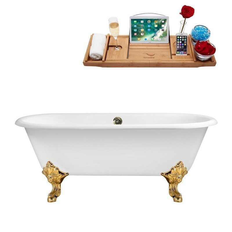 STREAMLINE R5001GLD-BNK 69 INCH CAST IRON SOAKING CLAWFOOT TUB WITH TRAY AND EXTERNAL DRAIN IN GLOSSY WHITE