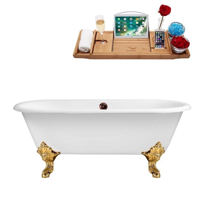 STREAMLINE R5001GLD-ORB 69 INCH CAST IRON SOAKING CLAWFOOT TUB WITH TRAY AND EXTERNAL DRAIN IN GLOSSY WHITE