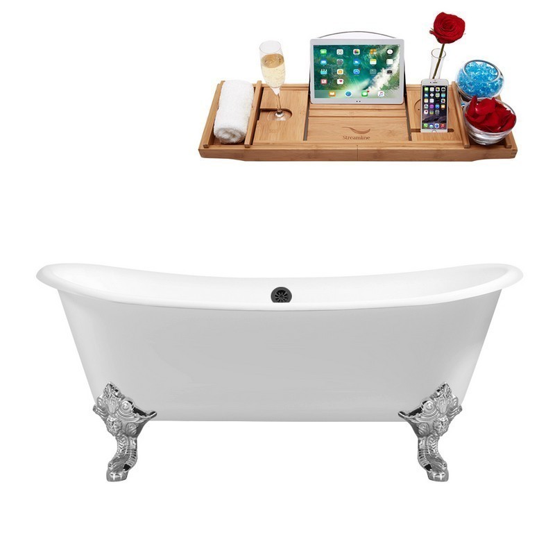 STREAMLINE R5020CH-BL 72 INCH CAST IRON SOAKING CLAWFOOT TUB WITH TRAY AND EXTERNAL DRAIN IN GLOSSY WHITE
