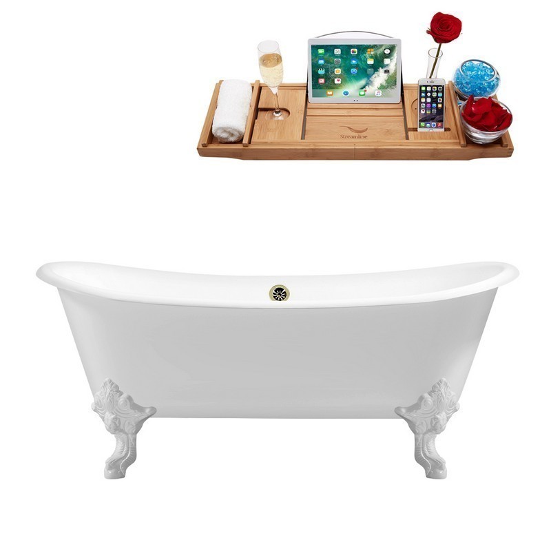 STREAMLINE R5020WH-BNK 72 INCH CAST IRON SOAKING CLAWFOOT TUB WITH TRAY AND EXTERNAL DRAIN IN GLOSSY WHITE