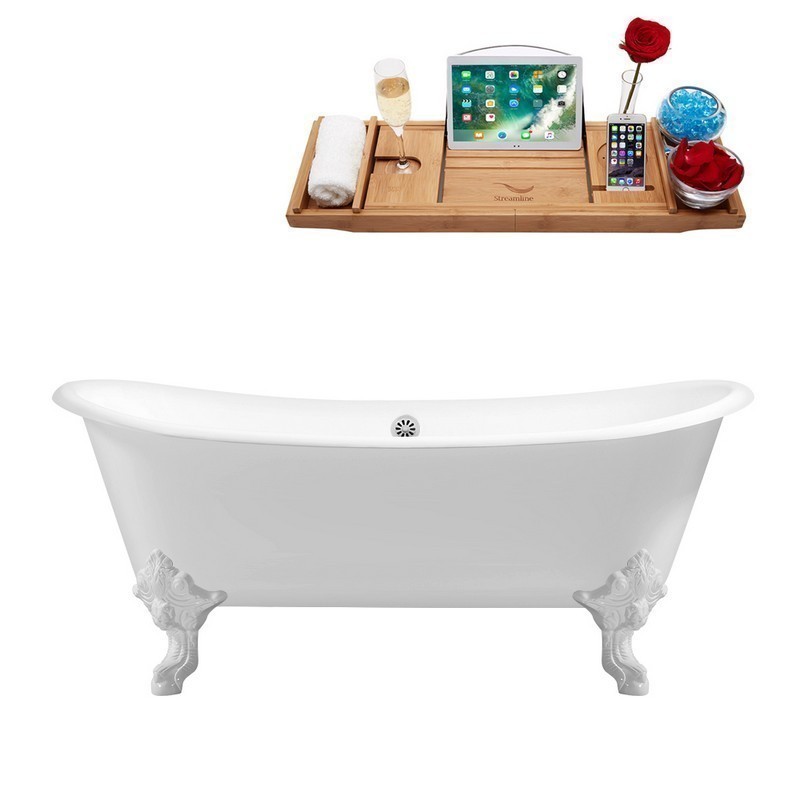 STREAMLINE R5020WH-WH 72 INCH CAST IRON SOAKING CLAWFOOT TUB WITH TRAY AND EXTERNAL DRAIN IN GLOSSY WHITE