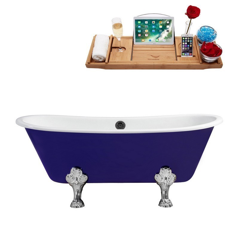 STREAMLINE R5060CH-BL 67 INCH CAST IRON SOAKING CLAWFOOT TUB WITH TRAY AND EXTERNAL DRAIN IN GLOSSY PURPLE