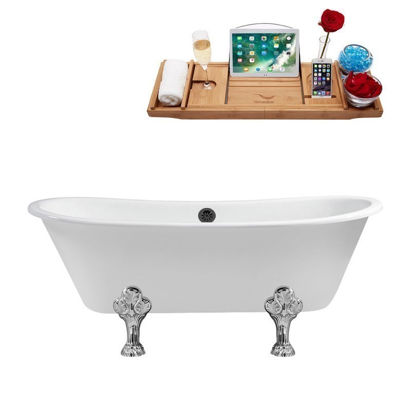 STREAMLINE R5061CH-BL 67 INCH CAST IRON SOAKING CLAWFOOT TUB WITH TRAY AND EXTERNAL DRAIN IN GLOSSY WHITE