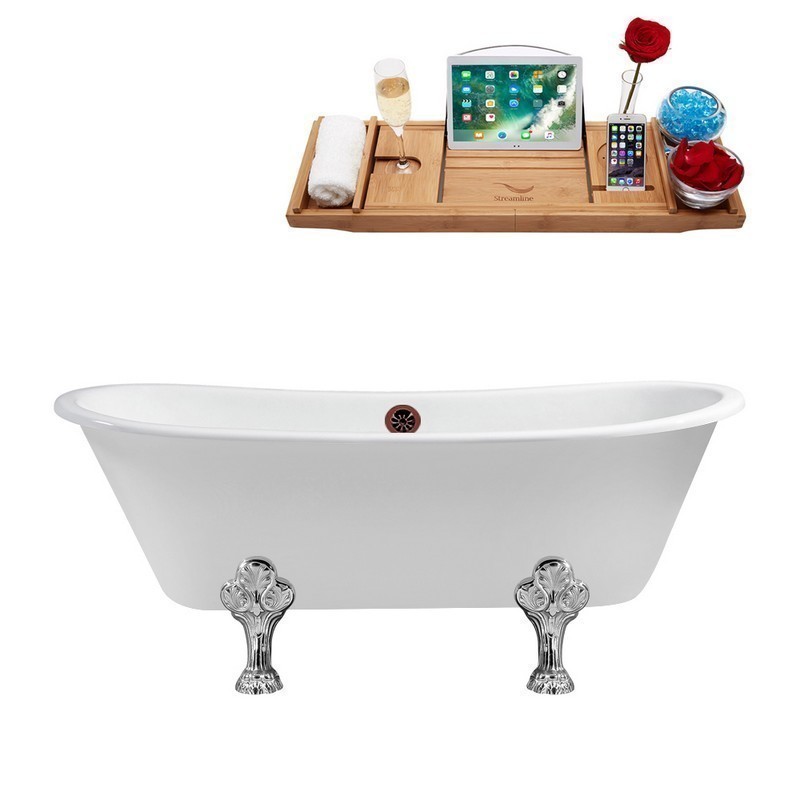 STREAMLINE R5061CH-ORB 67 INCH CAST IRON SOAKING CLAWFOOT TUB WITH TRAY AND EXTERNAL DRAIN IN GLOSSY WHITE