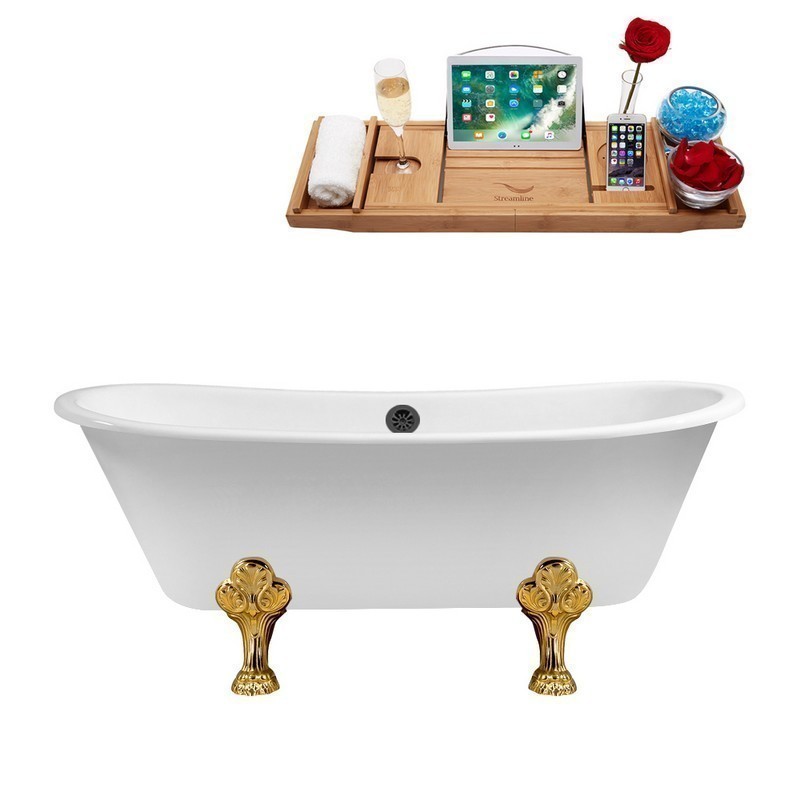 STREAMLINE R5061GLD-BL 67 INCH CAST IRON SOAKING CLAWFOOT TUB WITH TRAY AND EXTERNAL DRAIN IN GLOSSY WHITE