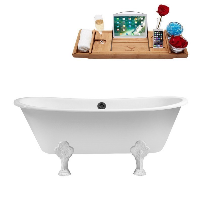STREAMLINE R5061WH-BL 67 INCH CAST IRON SOAKING CLAWFOOT TUB WITH TRAY AND EXTERNAL DRAIN IN GLOSSY WHITE