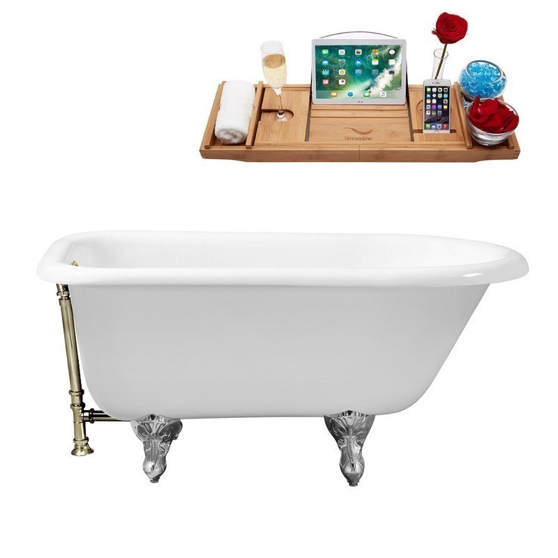 STREAMLINE R5100CH-BNK 66 INCH CAST IRON SOAKING CLAWFOOT TUB WITH TRAY AND EXTERNAL DRAIN IN GLOSSY WHITE