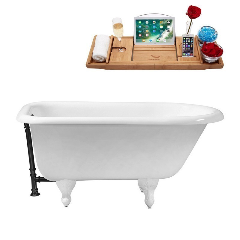 STREAMLINE R5100WH-BL 66 INCH CAST IRON SOAKING CLAWFOOT TUB WITH TRAY AND EXTERNAL DRAIN IN GLOSSY WHITE