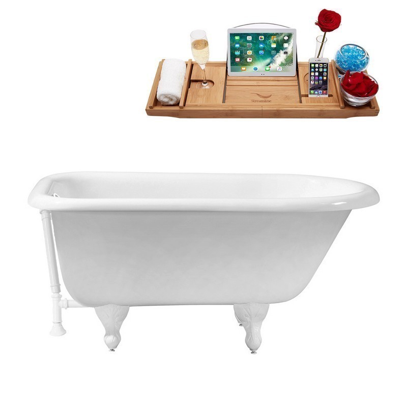 STREAMLINE R5100WH-WH 66 INCH CAST IRON SOAKING CLAWFOOT TUB WITH TRAY AND EXTERNAL DRAIN IN GLOSSY WHITE
