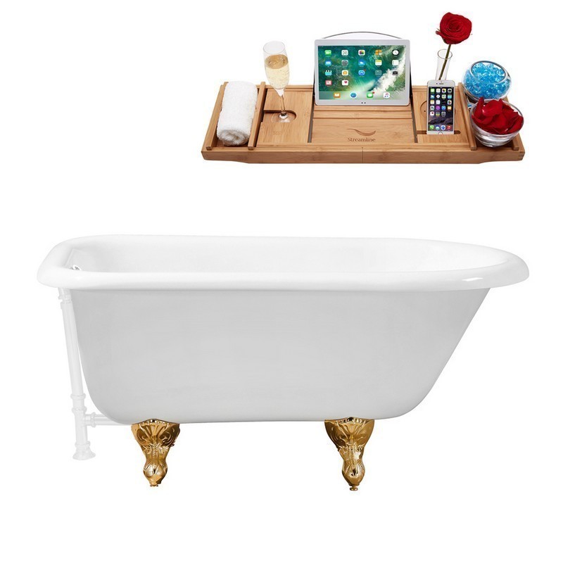 STREAMLINE R5101GLD-WH 48 INCH CAST IRON SOAKING CLAWFOOT TUB WITH TRAY AND EXTERNAL DRAIN IN GLOSSY WHITE