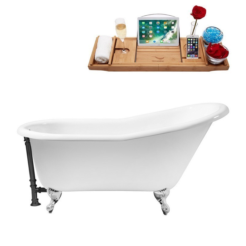 STREAMLINE R5120CH-BL 60 INCH CAST IRON SOAKING CLAWFOOT TUB WITH TRAY AND EXTERNAL DRAIN IN GLOSSY WHITE