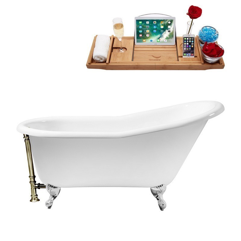STREAMLINE R5120CH-BNK 60 INCH CAST IRON SOAKING CLAWFOOT TUB WITH TRAY AND EXTERNAL DRAIN IN GLOSSY WHITE