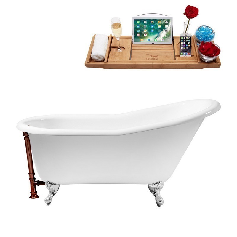 STREAMLINE R5120CH-ORB 60 INCH CAST IRON SOAKING CLAWFOOT TUB WITH TRAY AND EXTERNAL DRAIN IN GLOSSY WHITE