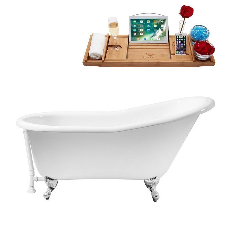 STREAMLINE R5120CH-WH 60 INCH CAST IRON SOAKING CLAWFOOT TUB WITH TRAY AND EXTERNAL DRAIN IN GLOSSY WHITE