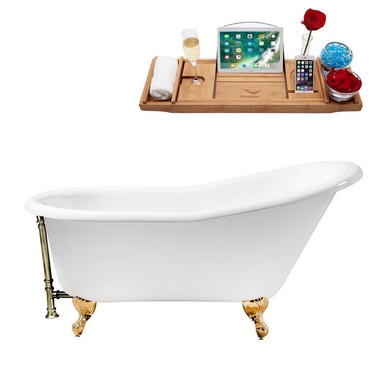 STREAMLINE R5120GLD-BNK 60 INCH CAST IRON SOAKING CLAWFOOT TUB WITH TRAY AND EXTERNAL DRAIN IN GLOSSY WHITE