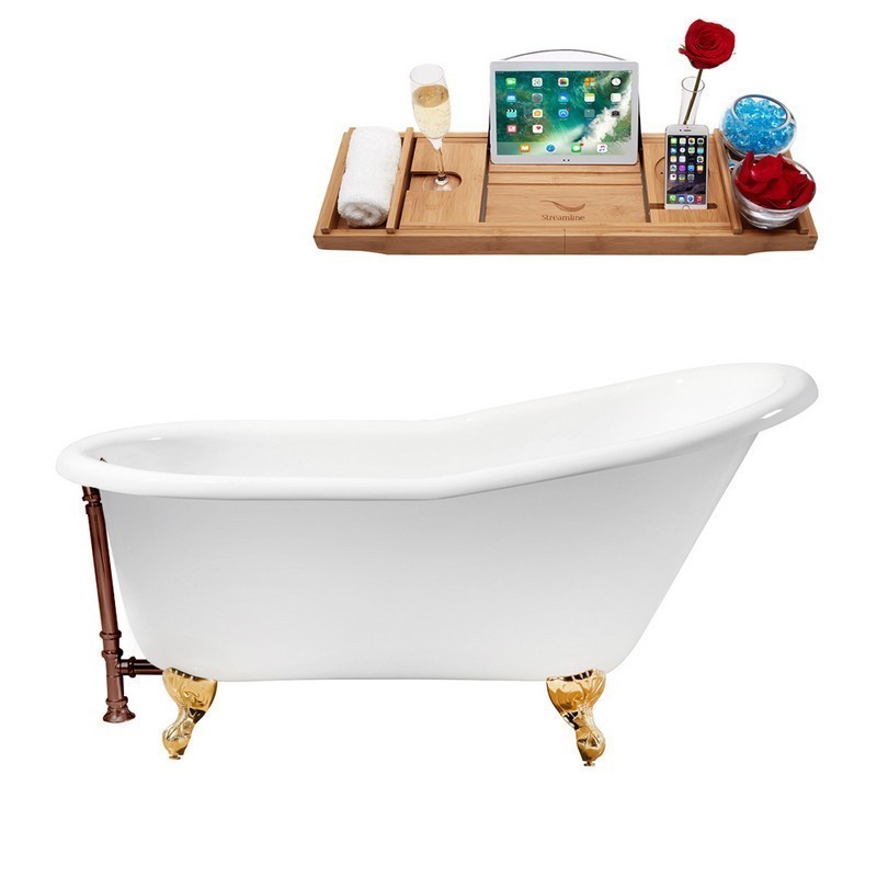 STREAMLINE R5120GLD-ORB 60 INCH CAST IRON SOAKING CLAWFOOT TUB WITH TRAY AND EXTERNAL DRAIN IN GLOSSY WHITE