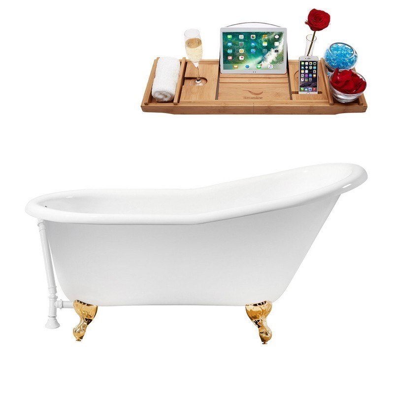 STREAMLINE R5120GLD-WH 60 INCH CAST IRON SOAKING CLAWFOOT TUB WITH TRAY AND EXTERNAL DRAIN IN GLOSSY WHITE