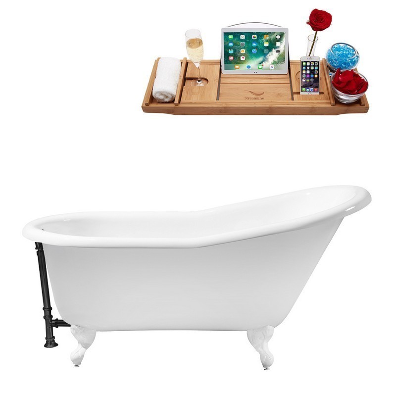 STREAMLINE R5120WH-BL 60 INCH CAST IRON SOAKING CLAWFOOT TUB WITH TRAY AND EXTERNAL DRAIN IN GLOSSY WHITE