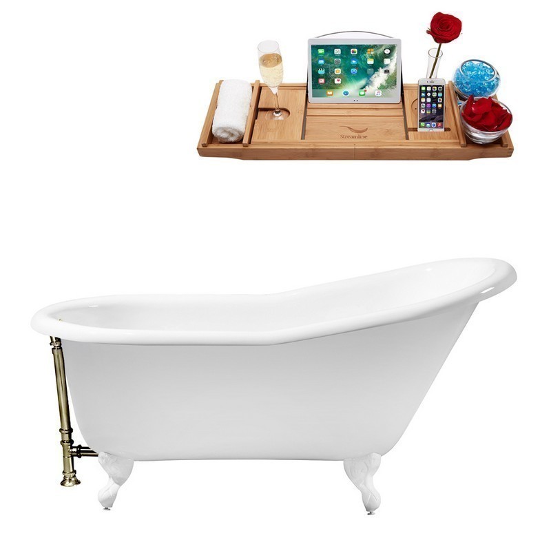 STREAMLINE R5120WH-BNK 60 INCH CAST IRON SOAKING CLAWFOOT TUB WITH TRAY AND EXTERNAL DRAIN IN GLOSSY WHITE