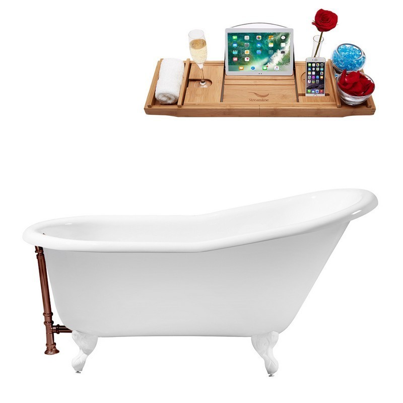 STREAMLINE R5120WH-ORB 60 INCH CAST IRON SOAKING CLAWFOOT TUB WITH TRAY AND EXTERNAL DRAIN IN GLOSSY WHITE